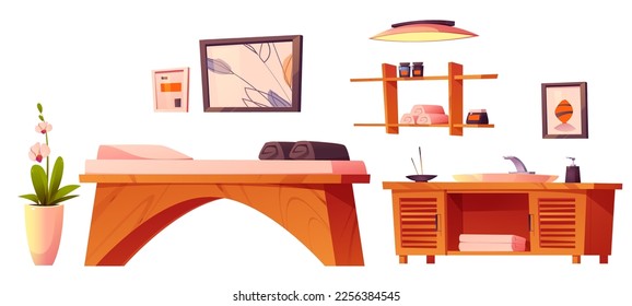 Spa salon, massage room equipment for body therapy and relax. Beauty cabinet interior set with modern massage table, tissues, sink, shelf, lamp, flower and pictures, vector cartoon illustration