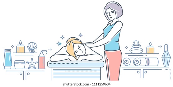 Spa salon - modern line design style colorful illustration. High quality composition with a young woman getting a massage and a female therapist. Candles, towels, oils and creams. Healthcare concept