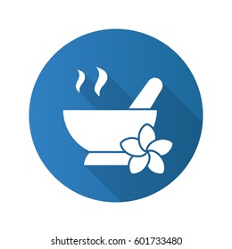 Spa salon mortar and pestle. Flat design long shadow icon. Aromatherapy. Vector silhouette symbol