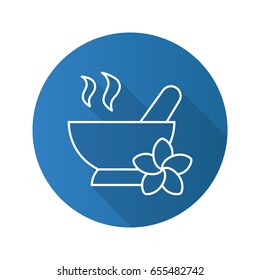 Spa salon mortar and pestle. Flat linear long shadow icon. Aromatherapy. Vector outline symbol