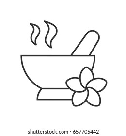 Spa salon mortar and pestle linear icon. Thin line illustration. Aromatherapy contour symbol. Vector isolated outline drawing