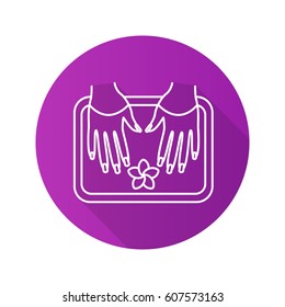 Spa salon nails bath. Flat linear long shadow icon. Woman's hands in bowl with plumeria flower. Vector line symbol