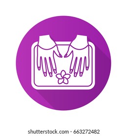 Spa salon nails bath. Flat design long shadow glyph icon. Woman's hands in bowl with plumeria flower. Vector silhouette illustration