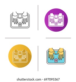 Spa salon nails bath icon. Flat design, linear and color styles. Woman's hands in bowl with plumeria flower. Isolated vector illustrations