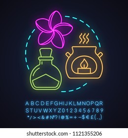 Spa salon neon light concept icon. Aromatherapy idea. Wellness. Relax. Plumeria flower, aroma candle, sea salt. Glowing sign with alphabet, numbers and symbols. Vector isolated illustration