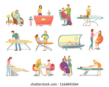 Spa salon pedicure and barber shop procedures isolated icons vector. Receptionist on reception, massage and masseur, tanning process and cosmetician