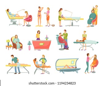 Spa salon pedicure and barber shop procedures isolated icons vector. Receptionist on reception, massage and masseur, tanning process and cosmetician
