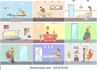 Spa salon pedicure and barber shop procedures vector set. Receptionist on reception, massage and masseur, tanning process and cosmetician, hair styling