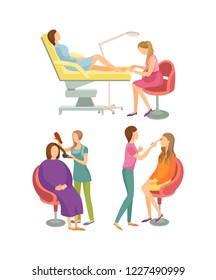 Spa salon pedicure and hair styling process making visage makeup. Isolated icons set vector of clients and specialists. Pedicurist and stylist working