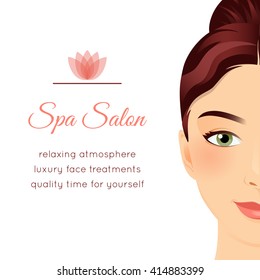 Spa Salon poster with a face of a beautiful girl. Face treatments gift voucher, makeover day ad, wellness center invitation flyer. Graphic design template. Attractive young woman. Vector illustration