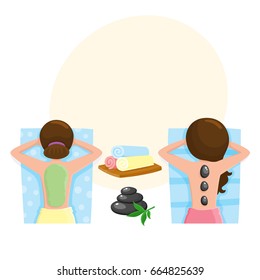 Spa salon precedures - hot stone massage, algae, mud mask, cartoon vector illustration with space for text. Top view picture of woman getting hot stone massage and mud mask, spa salon accessory