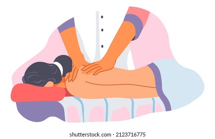 Spa salon procedures for back pain relief and reduction of tension in muscles. Female character on table, professional treatment from masseuse. Beauty and therapy medical care. Vector in flat