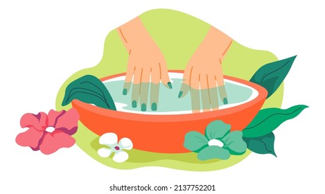 Spa salon procedures for beauty and nails care, isolated bowl with water with aromatic fragrances and petals. Healthcare and cosmetology, wellness and therapy for women. Vector in flat style