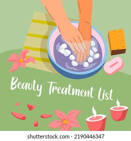 Spa salon procedures and beauty treatment list for women. Pampering hand skin, moisturizing effect for palms and fingers. Cold bath with ice, manicure and pedicure promotion. Vector in flat style