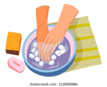 Spa salon procedures and care for skin and nails. Female soaking in bowl with water, aromatic essential oil or lotion, soap with natural ingredients and stones for moisturizing effect. Vector in flat