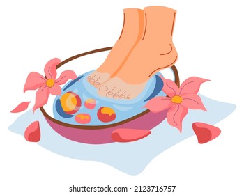 Spa salon procedures and treatment for body, isolated bowl of water with rose and flower petals and aromatic liquid. Soaking and pampering for feet, skincare and pedicure. Vector in flat style