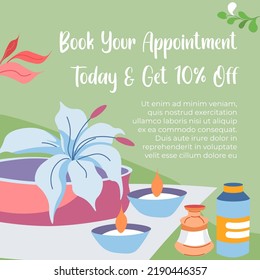 Spa salon procedures and treatment of skin, book your appointment today and get ten percent discount. Aromatherapy with candles and pleasant scents, advertisement banner. Vector in flat style