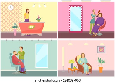 Spa salon, receptionist and barber with man vector. Reception worker with phone making calls, woman with cup of tea drinking beverage. Hair styling