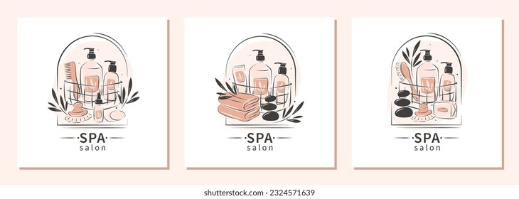 Spa salon rest and relaxation logo set. Set of products for body and hair care, massage, aromatherapy. Vector illustration