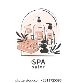 salón de belleza y descanso. Conjunto de productos para el cuidado del cuerpo y del pelo, masaje, aromaterapia. Logo del salón de belleza. Ilustración del vector