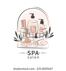 Spa salon rest and relaxation. Set of products for body and hair care, massage, aromatherapy. Beauty salon logo. Vector illustration