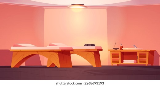 Spa salon room interior with furniture. Vector cartoon illustration of beauty center with massage tables, towels and aroma sticks on sink, lamp on ceiling, empty walls. Health care therapy at resort