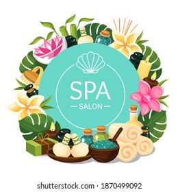 Spa salon round banner. Frame template with flowers, sea salt bottles, aromatherapy candles, massage stones, towel for sauna, wellness center. Vector layout illustration isolated on white. 