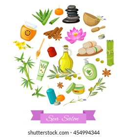 Spa salon round design with herbs towels spices cosmetics pebbles violet ribbon on white background vector illustration