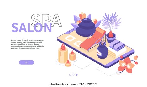 Spa salon services - modern isometric web banner with copy space for text. Candles, lotus flower, towels, incense sticks, lounger on smartphone screen. Stone therapy. Wellness, relaxation idea