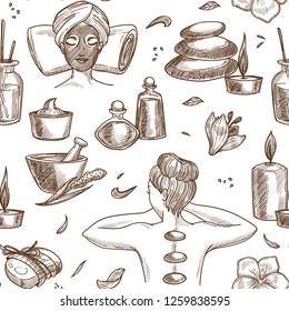 Spa salon services sketch seamless pattern woman beauty procedure girl with mask and towel on pillow pebble and candle oil in bottles and creams massage with hot stones aroma plants and soap vector.