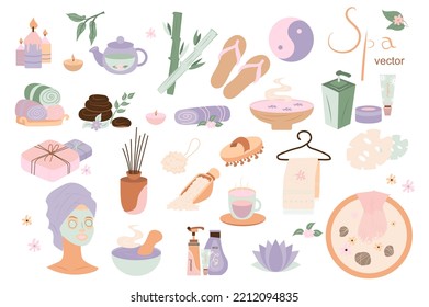 Spa salon set with cute cartoon elements in flat design. Bundle of candles, kettle, herbal tea, bamboo, harmony, cosmetics, towel, stones, aromatherapy and other isolated stickers. Vector illustration