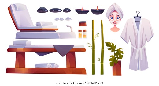 Spa salon set, equipment and furniture for applying beauty and body care procedures. Woman face with towel turban and mask. Couch, candles aroma oil stones bath robe bamboo Cartoon vector illustration