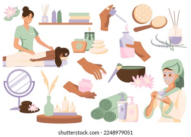 El salón de spa pone el concepto de iconos con la escena de la gente en el diseño de dibujos animados planos. La mujer decidió descansar y hacer procedimientos de belleza en el salón de belleza. Ilustración vectorial.