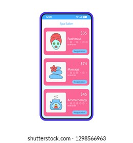 Spa salon smartphone interface vector template. Mobile app page blue design layout. Face care, massage, aromatherapy services screen. Flat UI for application. Beauty procedures list on phone display