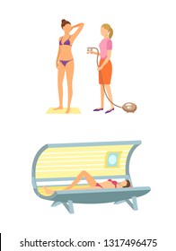 Spa salon solarium, tanning procedure by using special spray and liquids. Isolated icon of woman lying in sunroom, sunbathing process icon vector