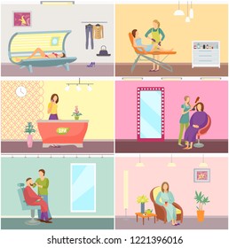 Spa salon tanning procedure reception set vector. Hair styling of men and women, barber trimming beard. Tan gaining in solarium sun parlor depilation