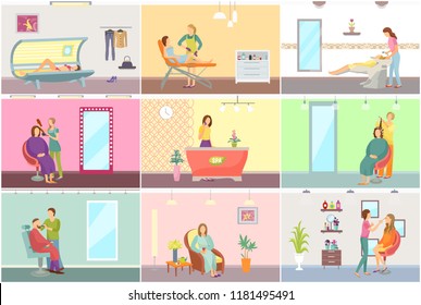 Spa salon tanning and receptionist set vector. Hair styling and visage makeup applying, barber shop, depilation and resort vacation. Relaxation rest