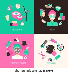 Spa salon therapy relax natural products beauty care flat set isolated vector illustration