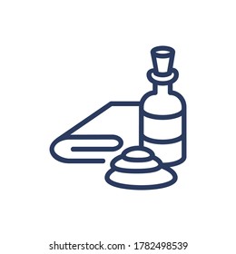 Spa salon thin line icon. Aroma oil bottle, stone, towel isolated outline sign. Wellness, recreation, aromatherapy concept. Vector illustration symbol element for web design and apps