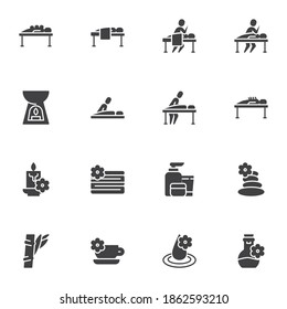 Spa salon vector icons set, modern solid symbol collection, filled style pictogram pack. Signs, logo illustration. Set includes icons as massage therapy, zen stones, candle, acupuncture, massage oil