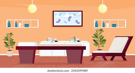Spa salon vector illustration in cartoon style. Massage table, lounger, lamp, flowerpot, massage ingredients and painting in the relaxation room. Massage, healing procedures.