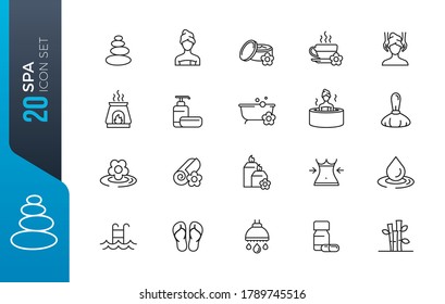 Spa Salon Vector Line Icons Set. Centro de Bienestar, Masaje de Piedra, Medicina Alternativa, Tratamiento, Terapia. 