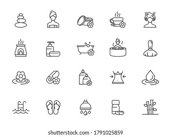 Spa Salon Vector Line Icons Set. Wellness Center, Stone Massage, Alternative Medicine, Treatment, Therapy. 