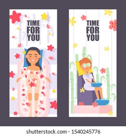 Spa salon vertical banner, vector illustration. Beauty procedures for women, skin care treatment in relaxing atmosphere of spa center. Special offer newsletter, time for you. Flat style characters