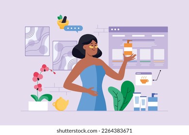 El concepto de fondo violeta del salón de belleza con la escena de la gente al estilo de dibujos animados planos. Una chica decidió descansar después del trabajo y relajarse en el salón de spa. Ilustración vectorial.