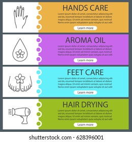 Spa salon web banner templates set. Aromatherapy oil drop, hair dryer, woman's hand and feet. Website color menu items with linear icons. Vector headers design concepts