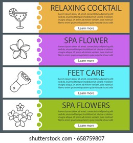Spa salon web banner templates set. Cocktail, plumeria flowers, foot rasp. Website color menu items with linear icons. Vector headers design concepts