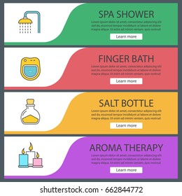 Spa salon web banner templates set. Shower, bath, salt bottle, aromatherapy candles. Website color menu items. Vector headers design concepts