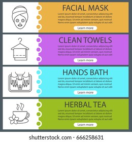 Spa salon web banner templates set. Facial mask, towels, hands bath, herbal tea. Website color menu items with linear icons. Vector headers design concepts