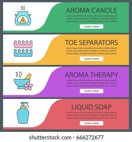 Spa salon web banner templates set. Aromatherapy candle, toe separators, mortar and pestle, liquid soap. Website color menu items. Vector headers design concepts